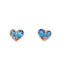 14K Yellow Gold Double Heart Blue Topaz Earrings
